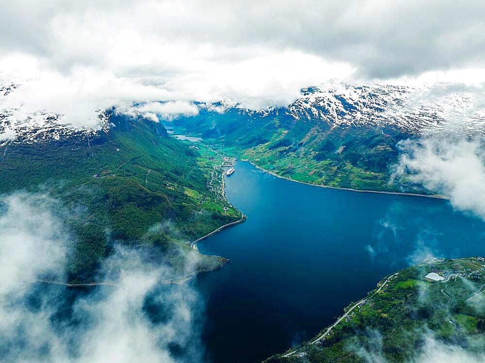 Cruise ship, IONA PandO CRUISES, Mountains and Fiord from a drone, Olden, Innvikfjorden, Norway, Europe