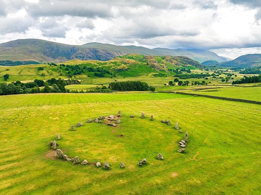 Castlerigg Stone Circle from a drone, Keswick, Lake District National Park, North West England