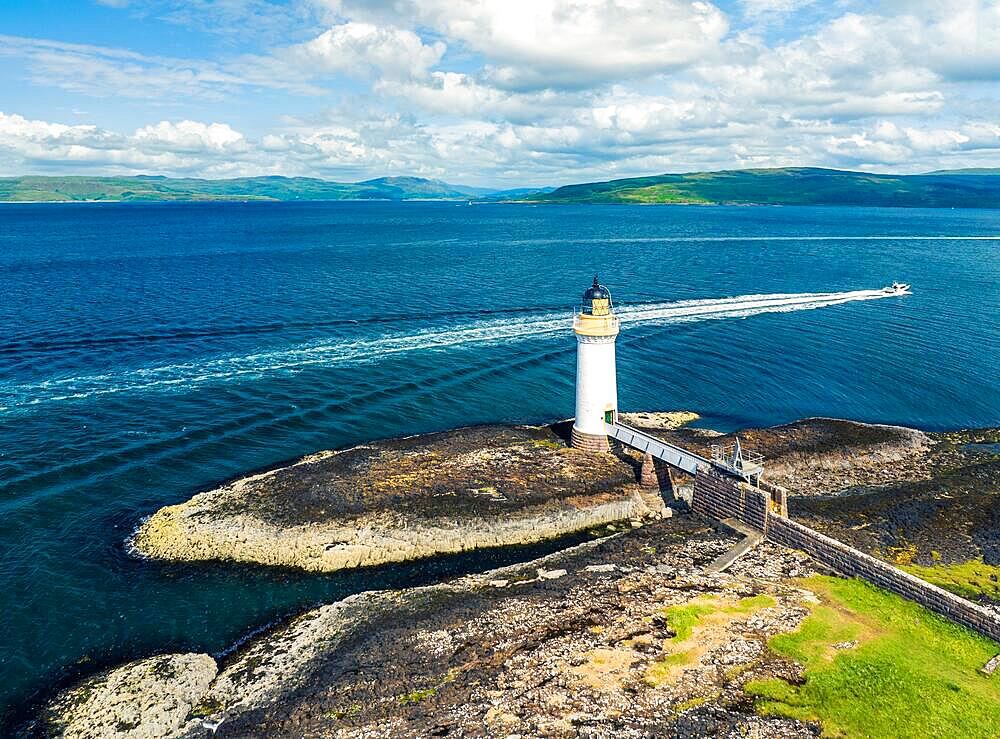 Rubha nan Gall, Tobermory Lighthouse from a drone, Tobermory, Isle of Mull, Scotland, UK