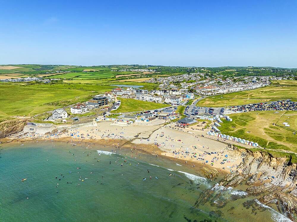 Aerial view of Crooklets Beach, with the village of Flexbury behind, Bude, North Cornwall, England, United Kingdom, Europe