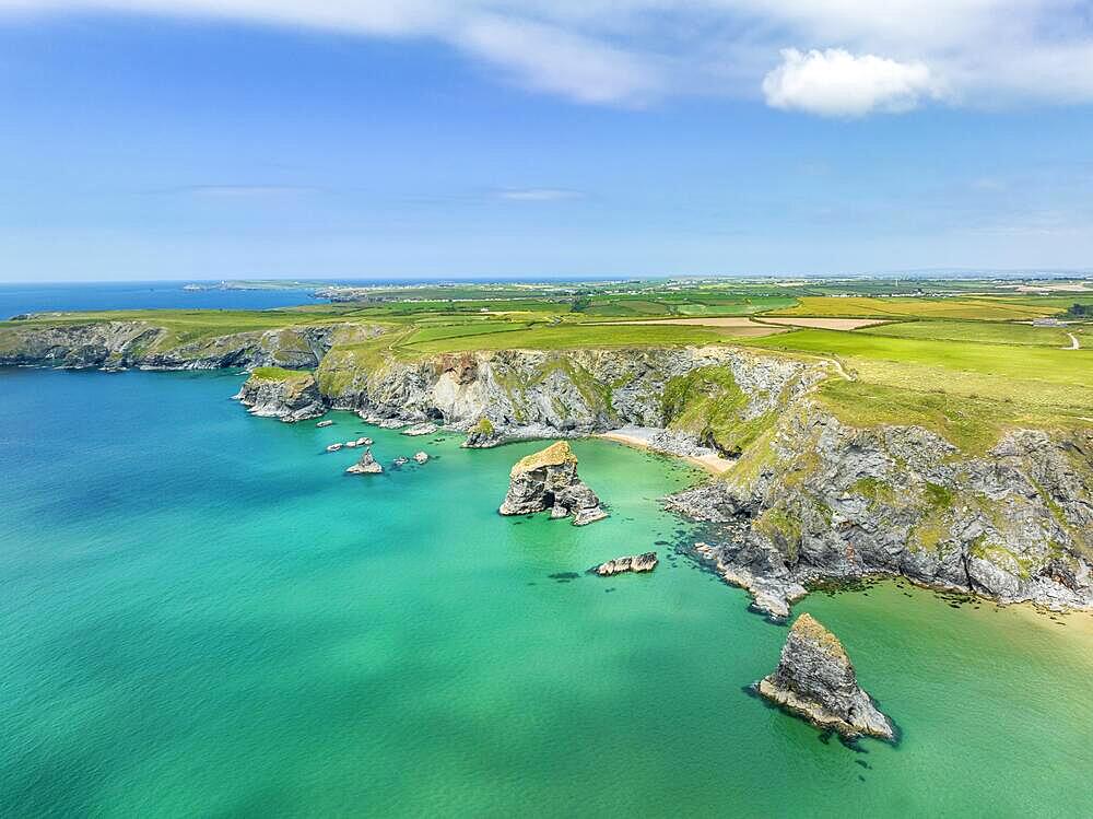 Aerial view of the Bedruthan Steps cliff formation, North Cornwall, England, United Kingdom, Europe