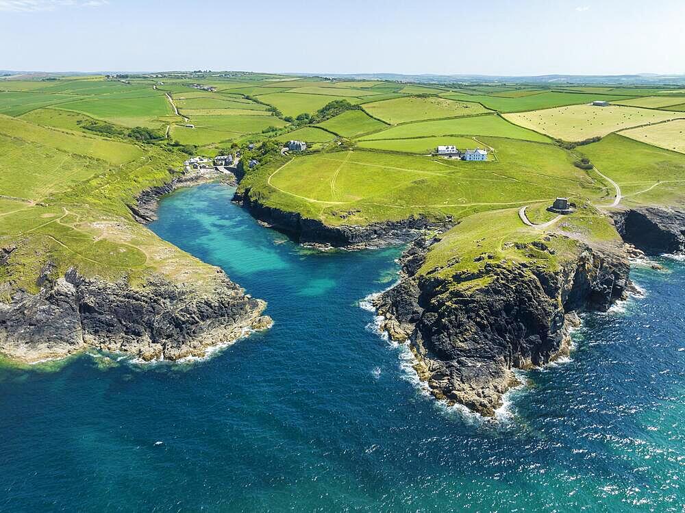 Aerial view of the hamlet of Port Quin near Port Isaac, North Cornwall, England, United Kingdom, Europe