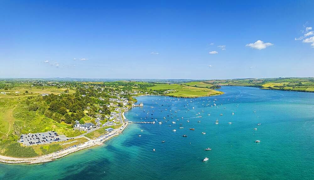 Aerial panorama of the harbour village of Rock on the River Camel, St Minver Lowlands, North Cornwall, England, United Kingdom, Europe