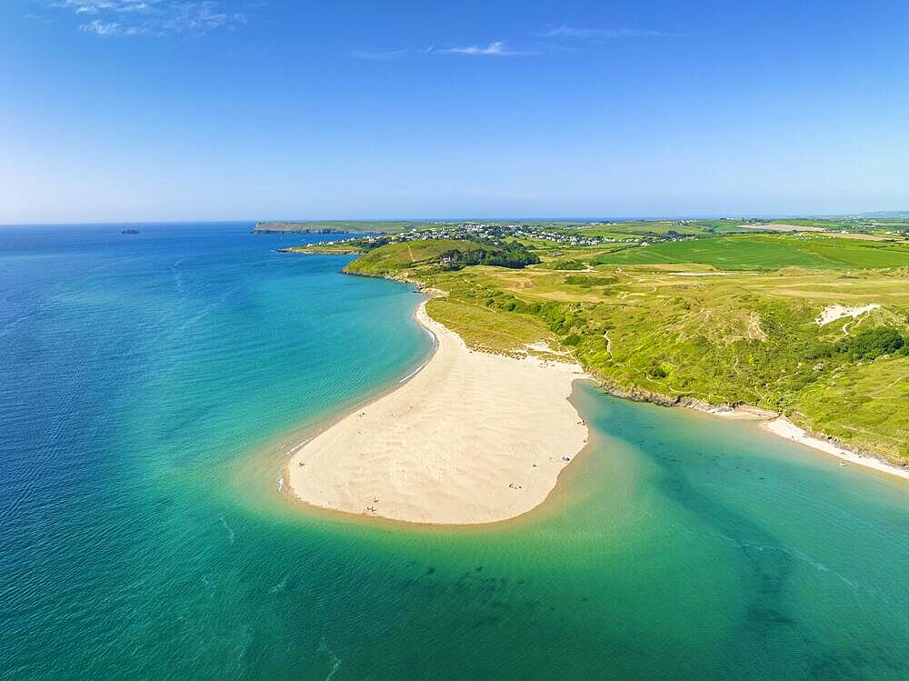 Aerial view of Rock Beach, a sandbank in the River Camel near the village of Rock, with the village of Trebetherick on the horizon, North Cornwall, England, United Kingdom, Europe