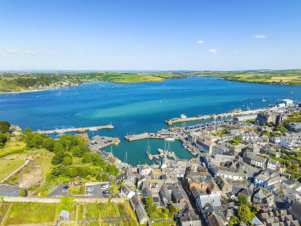 Aerial view of the harbour town of Padstow on the River Camel, North Cornwall, England, United Kingdom, Europe