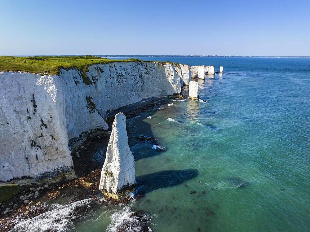 Aerial view of the chalk coast Old Harry Rocks, Jurassic Coast, Isle of Purbeck, Dorset, England, United Kingdom, Europe