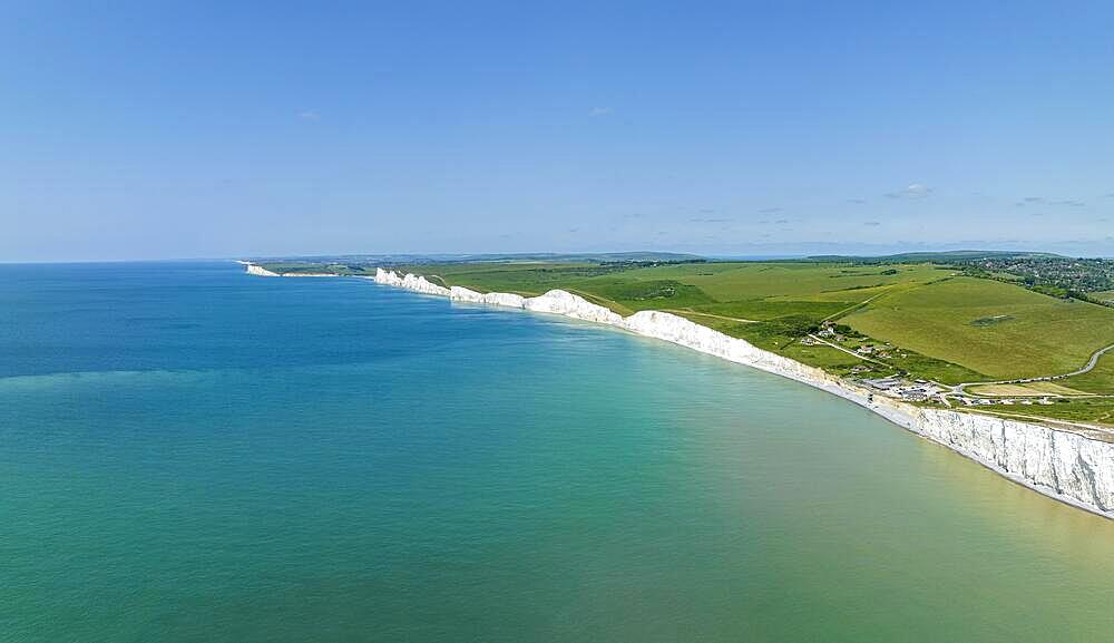 Aerial panorama of the chalk cliffs The Seven Sisters, South Downs, East Sussex, England, United Kingdom, Europe