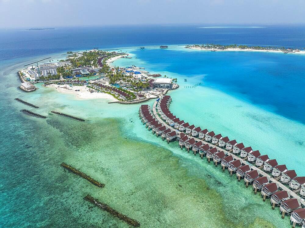 Aerial View, Maldives, North Male Atoll, newly built OBLU XPERIENCE Ailafushi Resort and the OBLU SELECT Lobigili Resort, Asia