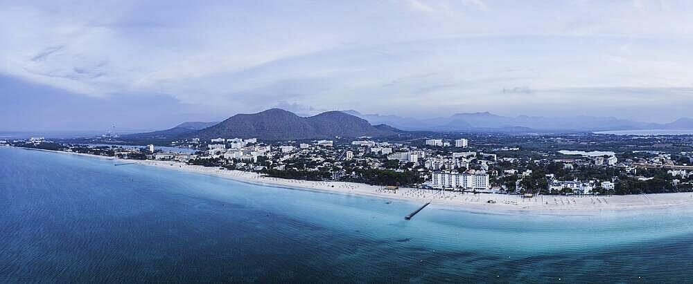 Mallorca sandy beach in Alcudia aerial view