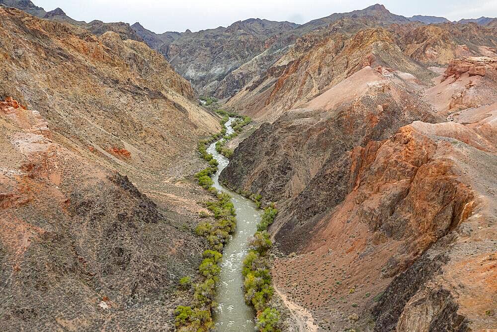 Aerial of the Charyn canyon, Tian shan mountains, Kazakhstan, Asia