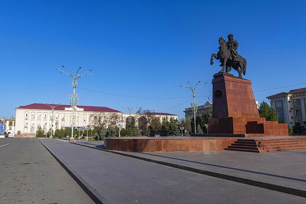 Taraz Akimat City Hall with Statue of Baydibek Batyr Riding a Horse, Taraz, Kazakhstan, Asia