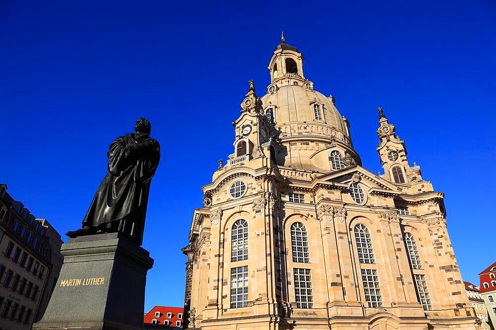 Martin Luther statue, Church of Our Lady in Dresden, originally Church of Our Lady, baroque Evangelical Lutheran church and the defining monumental building of Dresden's Neumarkt, Saxony, Germany, Europe