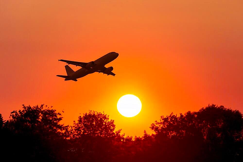 Photomontage, Aircraft taking off in front of the sun, evening sky, deciduous trees, Baden-Wuerttemberg, Germany, Europe