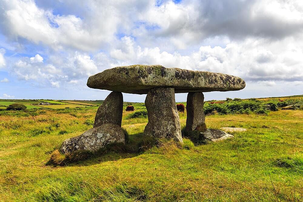 Portal tomb Lanyon Quoit, Neolithic dolmen in a meadow, Penzance, Cornwall, England, Great Britain