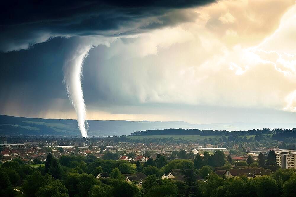 A tornado moves towards a housing estate with great destructive force, tornado, severe weather, climate change, AI generated