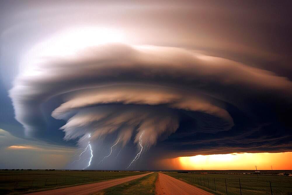 A huge tornado in the sky, road in front, natural disaster, severe weather, climate change, AI generated