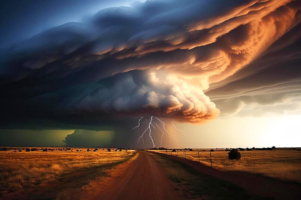 A huge tornado in the sky, road in front, natural disaster, severe weather, climate change, AI generated