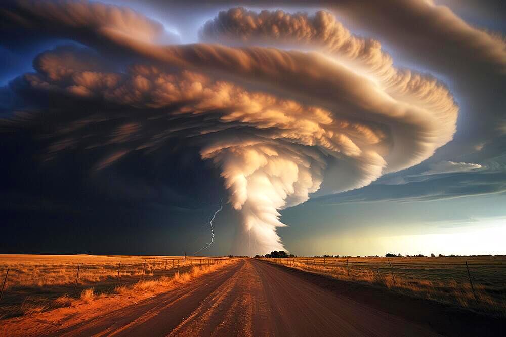 A huge tornado in the sky, road in front, natural disaster, severe weather, climate change, AI generated