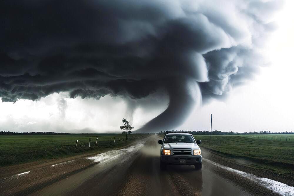 A tornado moves with great destructive force over agricultural land, car on road, natural disaster, weather phenomenon, severe weather, AI generated