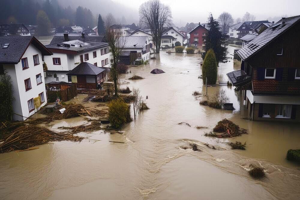 Aerial view of a flooding disaster in a village, flood, flooded street, severe weather, climate change, destruction, AI generated