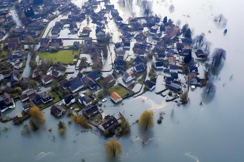 Aerial view of a flooding disaster in a village, flood, flooded street, severe weather, climate change, destruction, AI generated