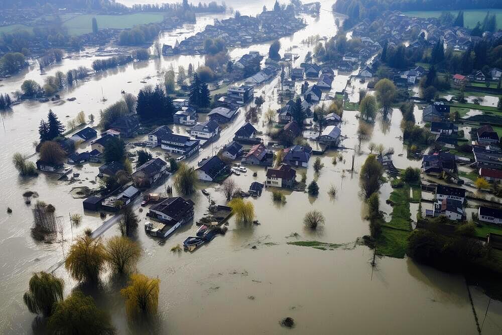 Aerial view of a flooding disaster in a village, flood, flooded street, severe weather, climate change, destruction, AI generated