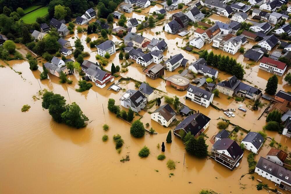 Aerial view of a flooding disaster in a village, flood, flooded street, severe weather, climate change, destruction, AI generated