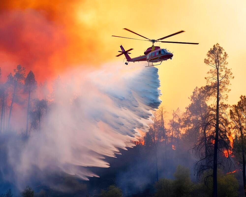 Firefighting helicopter pours water over forest fire, flames, fire inferno, climate change, heat, destruction, AI generates