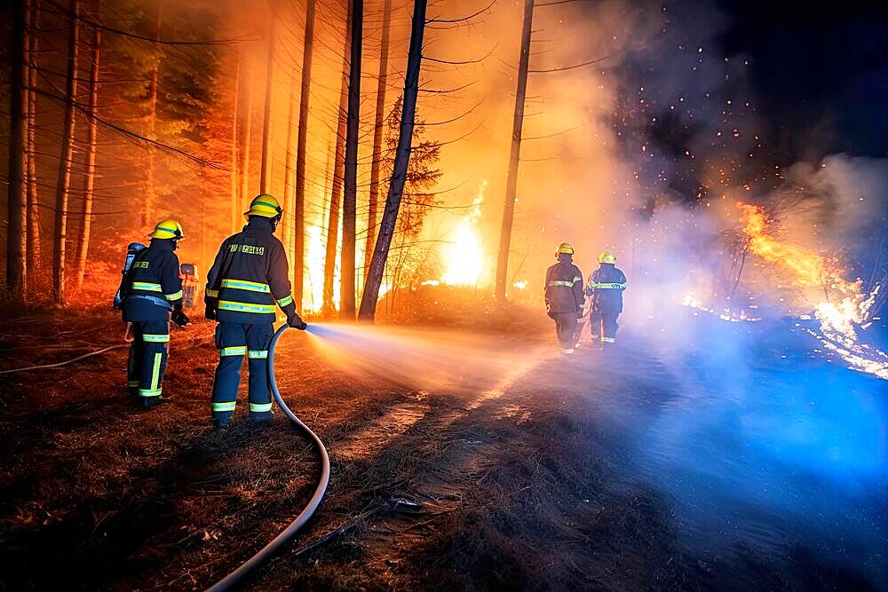 Firefighters fighting a forest fire, night shot, blazing flames, AI generated