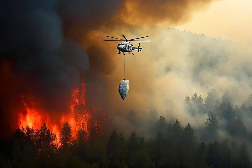 Firefighting helicopter pours water over forest fire, flames, fire inferno, climate change, heat, destruction, AI generates