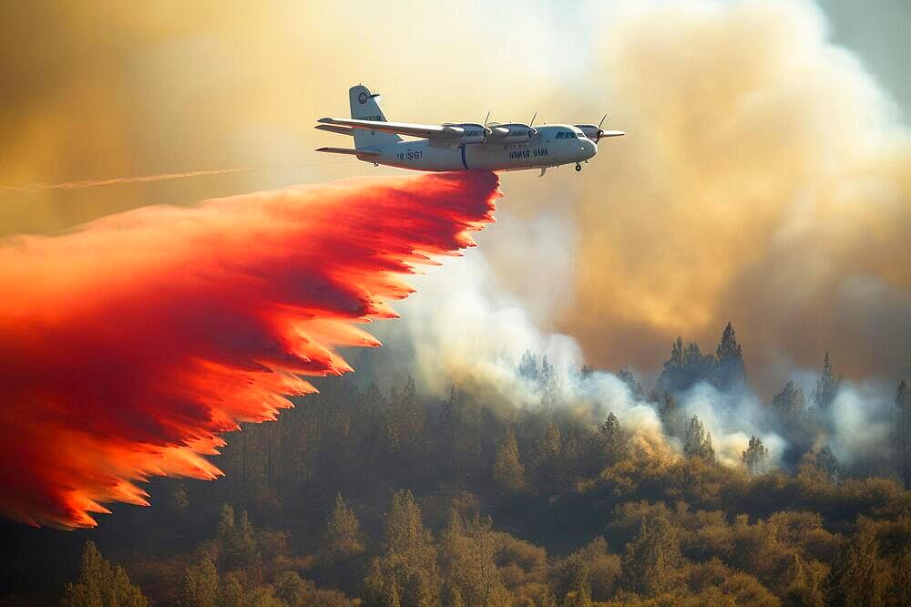 Firefighting plane pours red-coloured extinguishing agent over forest fire, blazing flames, natural disaster, AI generated