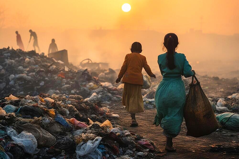 Indian children collect rubbish at a landfill site, AI generates