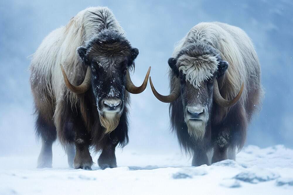 Muskoxen in winter during snowstorm, AI generated