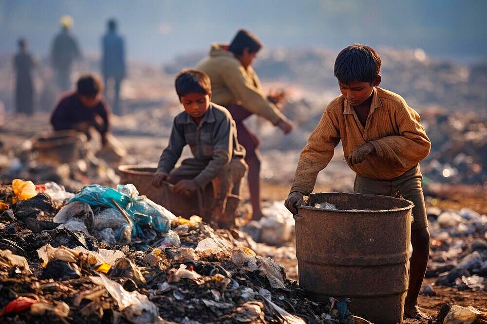 Indian children collect rubbish at a landfill site, AI generates