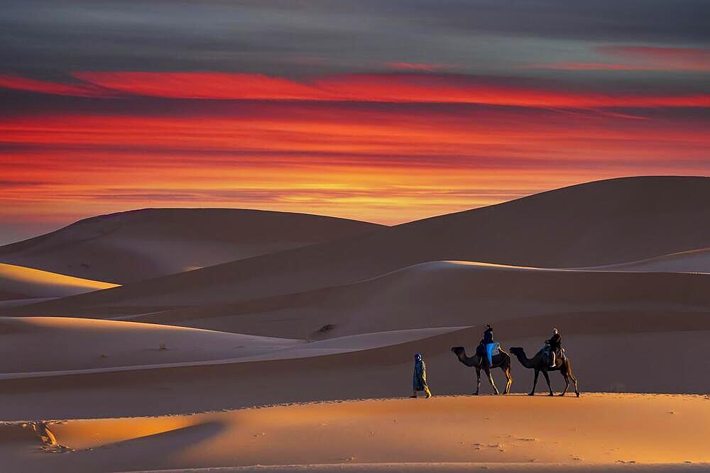 Two passengers and their handler travel in the Saharan Desert in Morocco