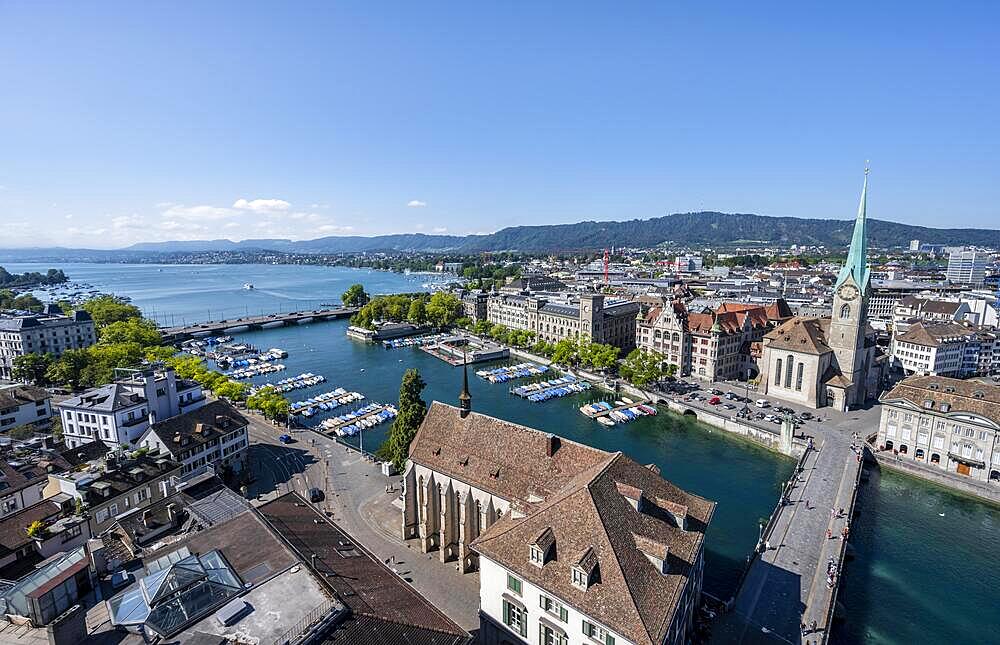 View over the old town of Zurich with the river Limmat and Lake Zurich, Fraumuenster church and Muensterbruecke, from the tower of the Grossmuenster, Zurich old town, Zurich, Canton Zurich, Switzerland, Europe