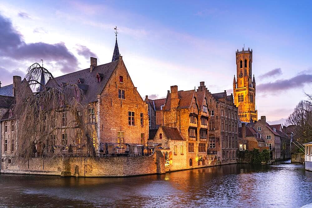 Rozenhoedkaai canal with belfry at dusk, Bruges, Belgium, Europe