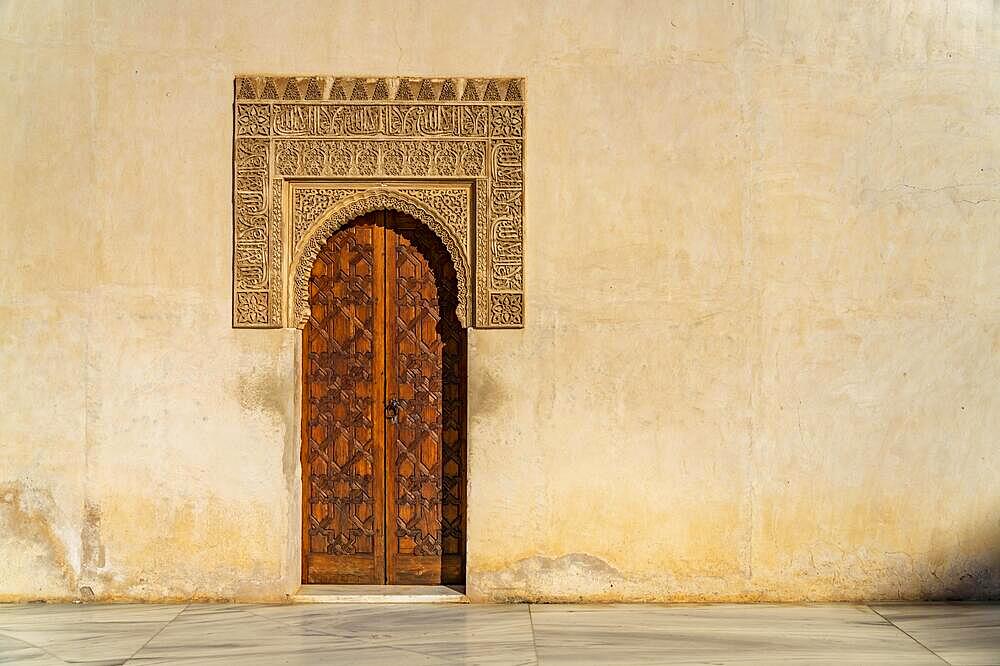 Door in the Myrtle Courtyard, Alhambra World Heritage Site in Granada, Andalusia, Spain, Europe