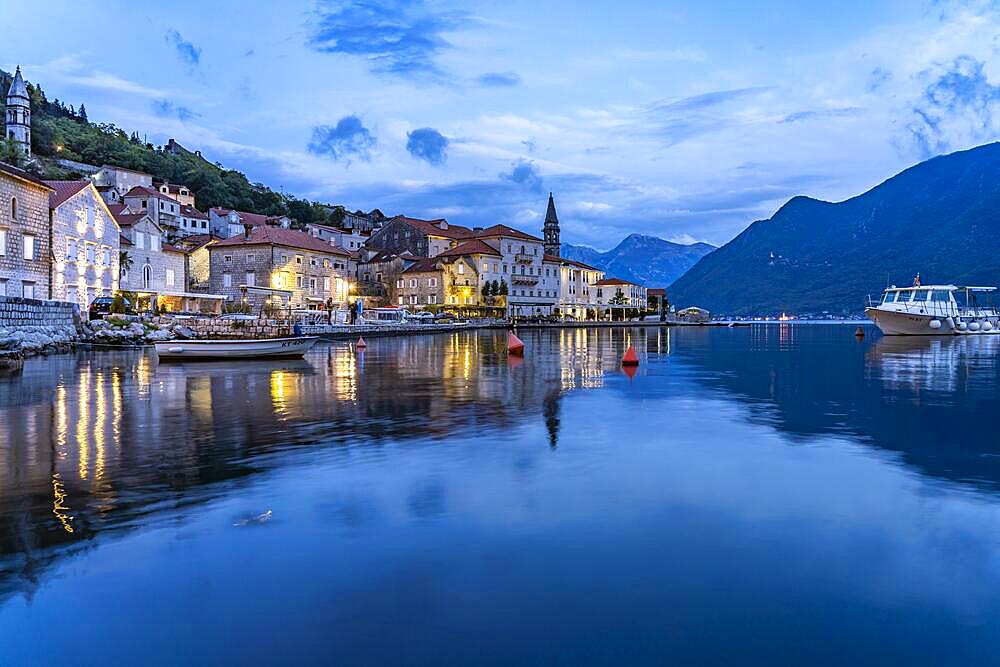 Perast with the Sveti Nikola Church on the Bay of Kotor at dusk, Montenegro, Europe