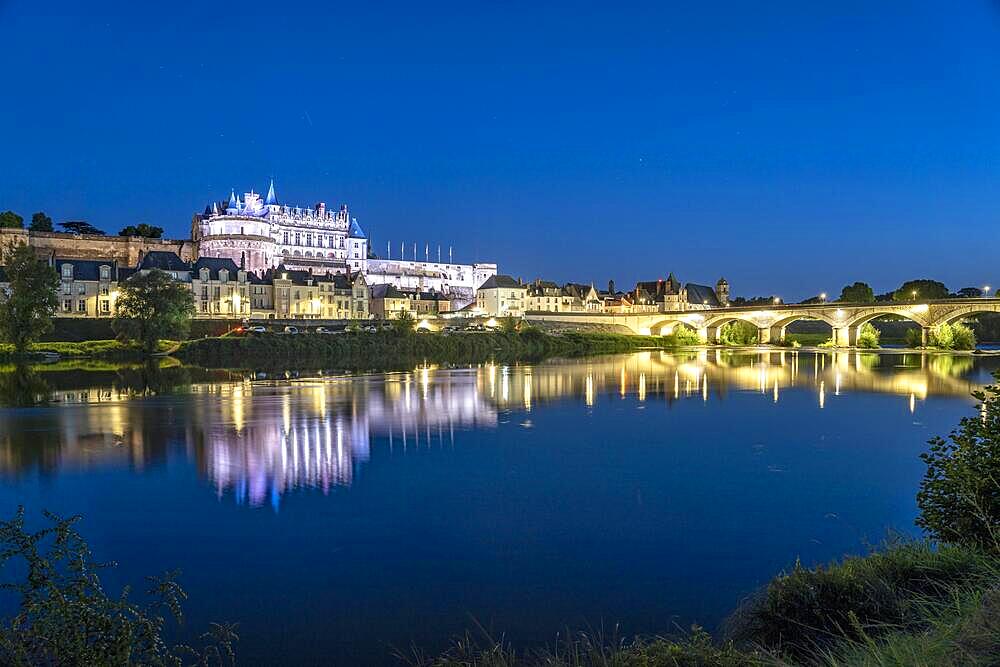 The Loire and Amboise Castle at dusk, Amboise, France, Europe