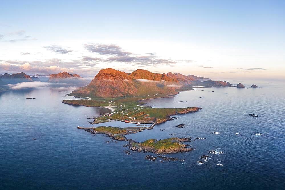 Fishing village Hovden, coast, fjords and mountains, Langoya island, Vesteralen archipelago, Norway, Europe