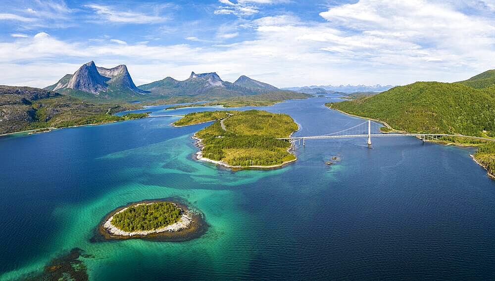 Fjord with islands in front of Bergen, Mount Stortinden, bridge over Kjerringstraumen, Efjord, Tysfjord, Ofoten, Nordland, Norway, Europe