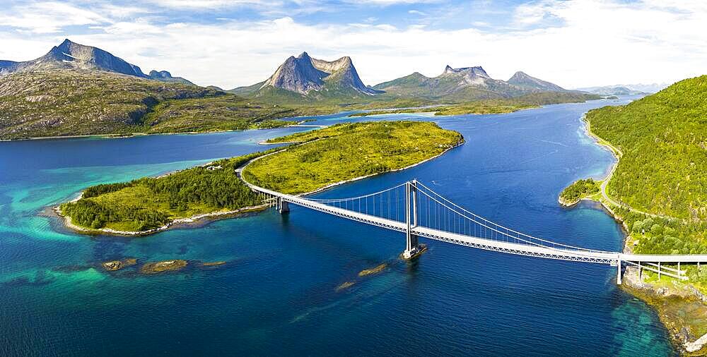 Fjord with islands in front of Bergen, Mount Stortinden, bridge over Kjerringstraumen, Efjord, Tysfjord, Ofoten, Nordland, Norway, Europe