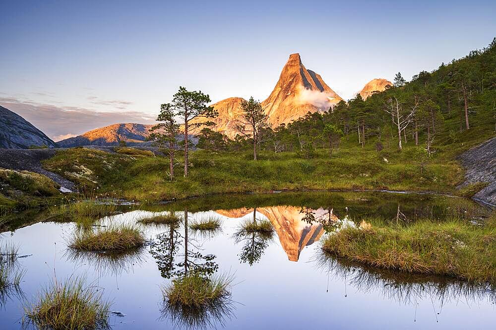 Norway's national mountain Stetind reflected in small lake, Tysfjord, Ofoten, Norway, Europe