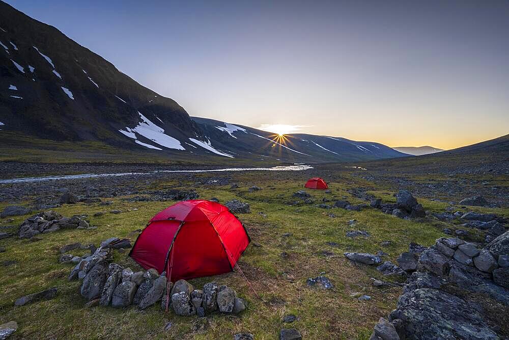 Two Red Tents in Kaskasavagge Valley, Gaskkasjohka River, Kebnekaise Massif, Lapland, Sweden, Europe