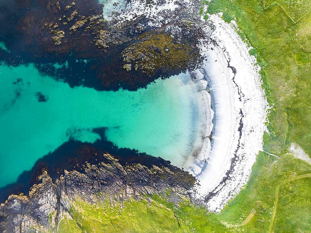 Aerial view, white sandy beach with turquoise water, fishing village Hovden, Langoya island, Vesteralen archipelago, Norway, Europe