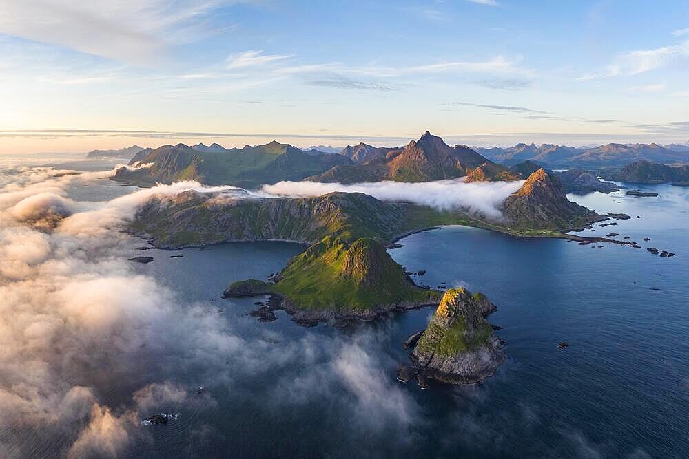 Coast, fjords and mountains, Mount Trehyrna, near Nykvag, Langoya island, Vesteralen archipelago, Norway, Europe