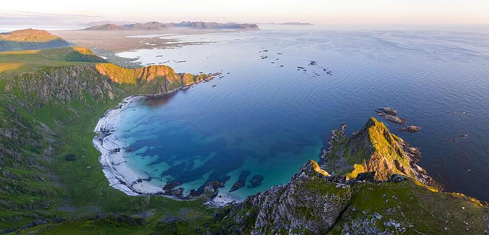 View from Mount Matinden of sandy beach and rocky coast, Bleik, Andoya Island, Vesteralen, Norway, Europe