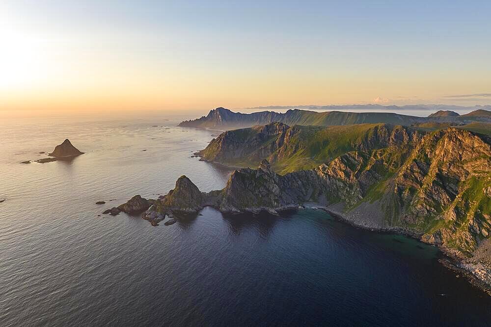 Rocky coast, fjords and mountains, Matinden mountain, Bleik, Andoya island, Vesteralen archipelago, Norway, Europe