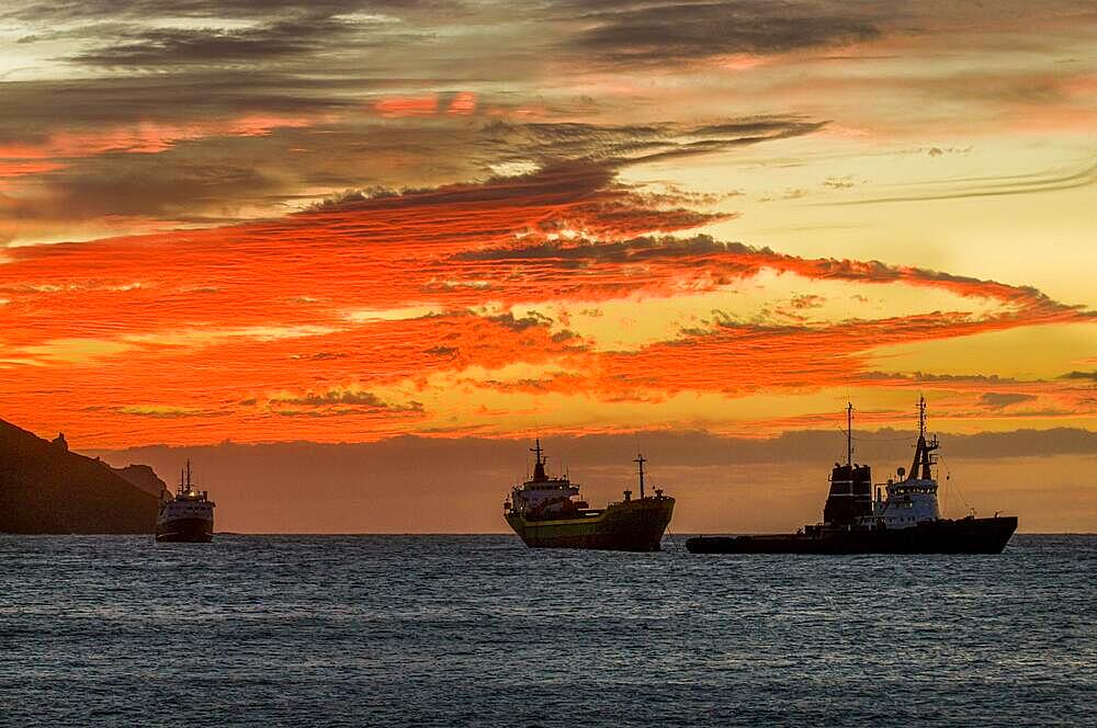 Fisher boats in sea in twilight, sunset. San Vincente. Mindelo. Cabo Verde. Africa